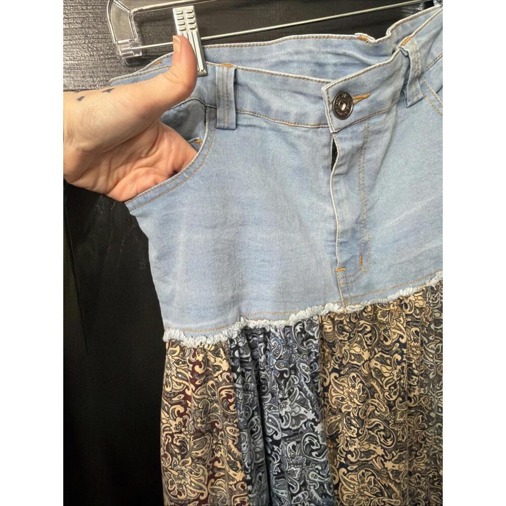 Gypsy Rose Denim & Patchwork Tiered Midi Skirt S/M Boho Cowgirl Festival Flowy - Picture 2 of 6